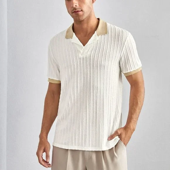 Beige Casual Mens Contrast Trim Textured Polo Shirt - Picture 3 of 5